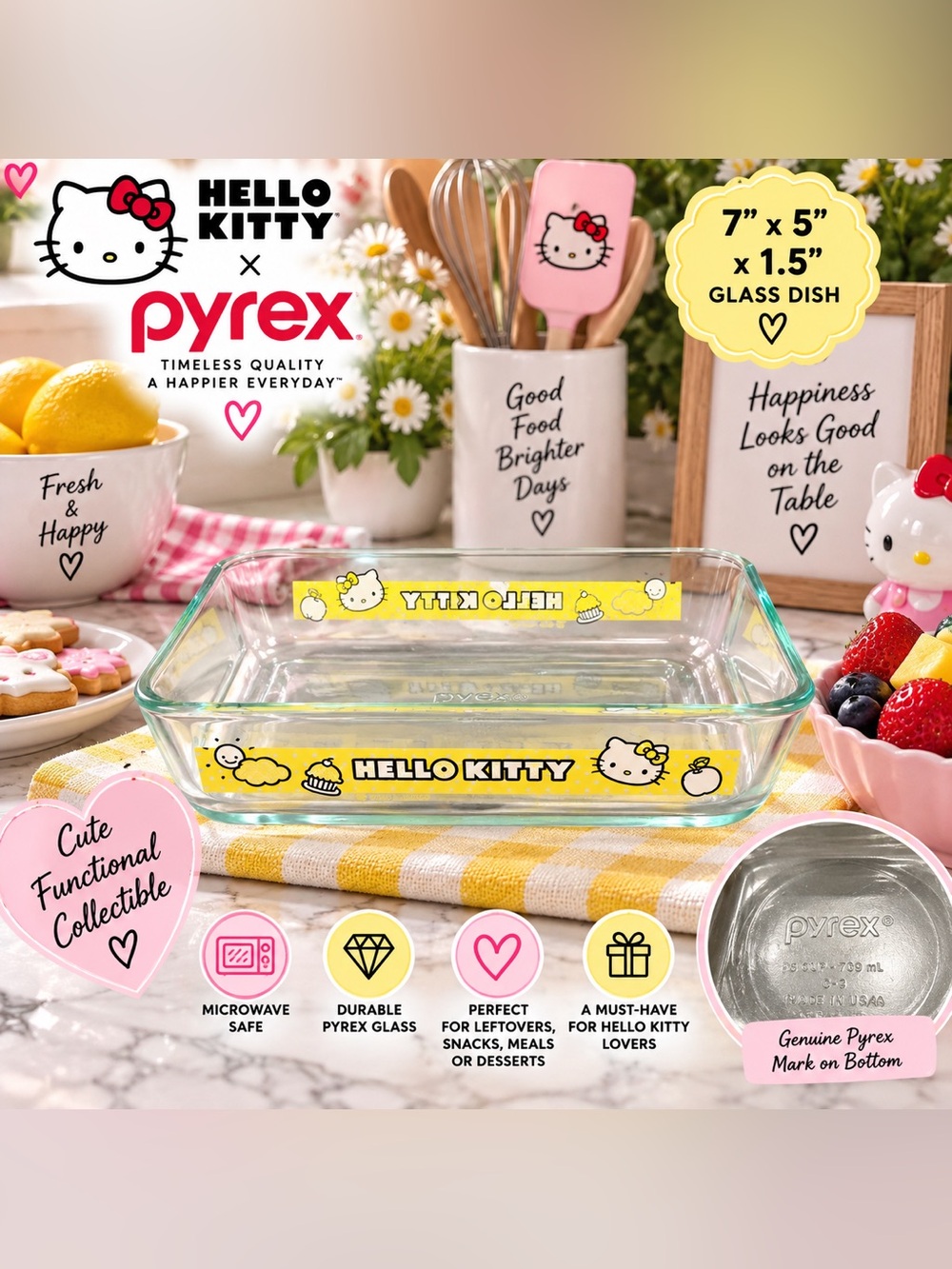 Hello Kitty Yellow Trim Clear Glass Bakeware Dish